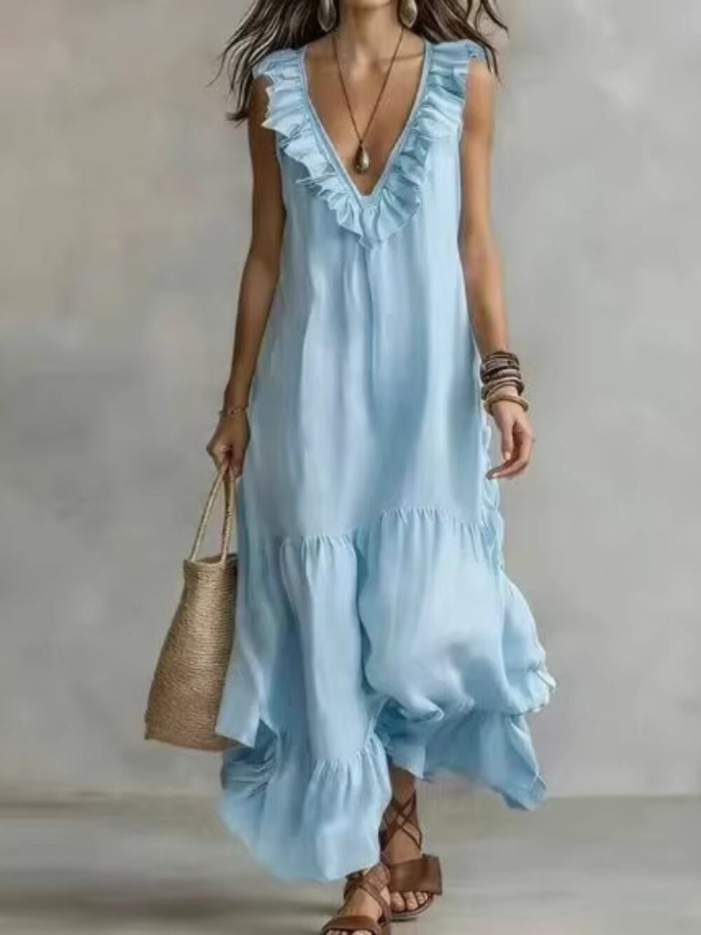 Women’s Light Blue Lace-Trim Loose-Fit Sleeveless Maxi Dress